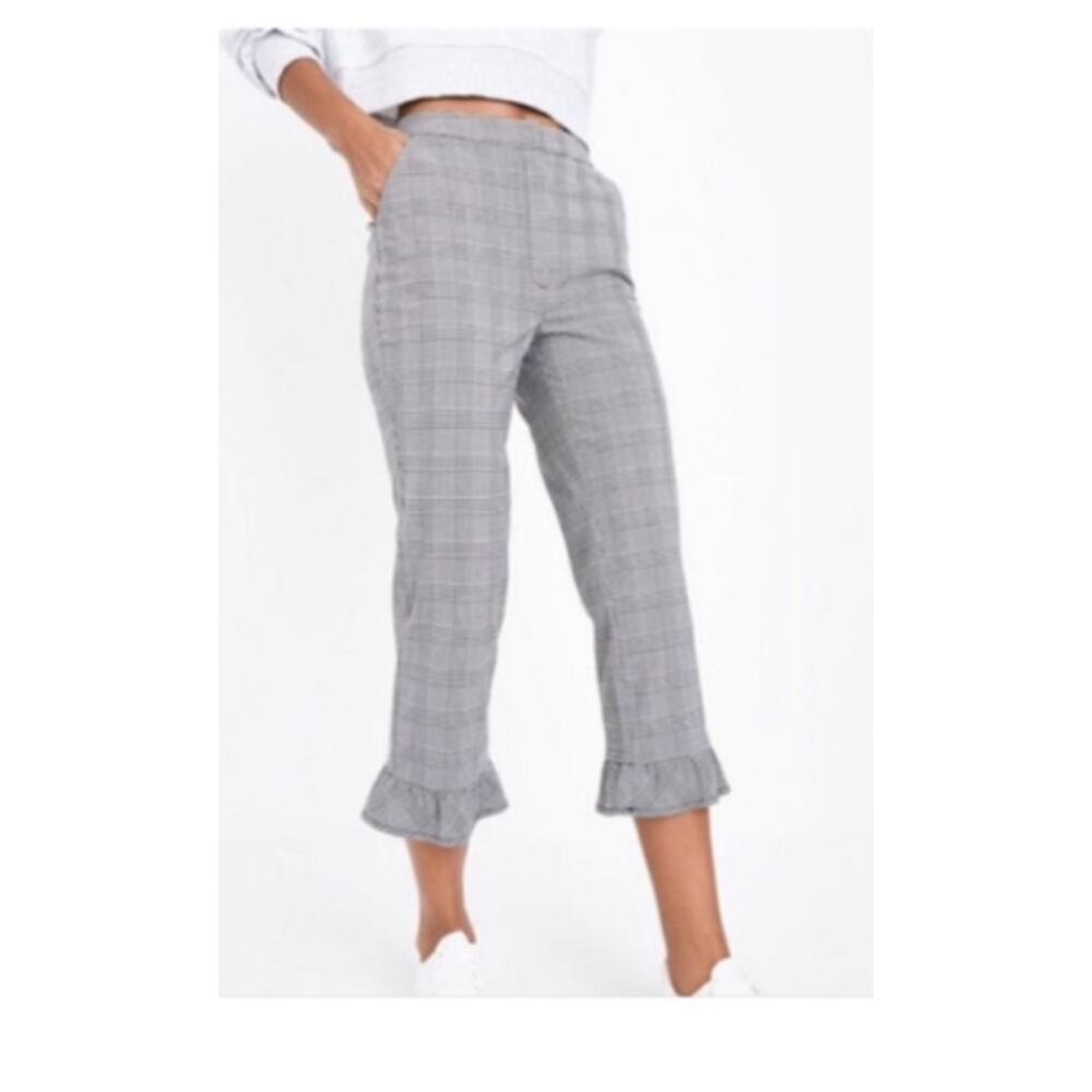 L'atiste by Amy Medium Cropped Ruffle Frill Hem Pants Fray Plaid Pull On Blue